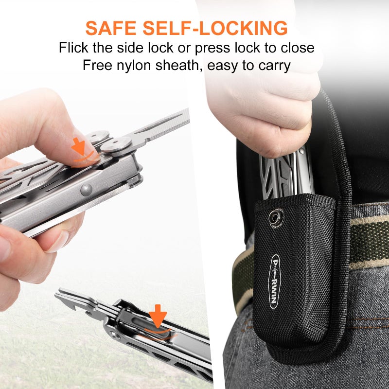 PERWIN Multitool 17 في 1 كماشة متعددة الأدوات من الفولاذ المقاوم للصدأ مع سكين جيب ذاتي القفل من النايلون غمد احترافي (EDC) أداة متعددة للبقاء على قيد الحياة والتخييم والصيد والمشي لمسافات طويلة وإصلاح بسيط - Image 3